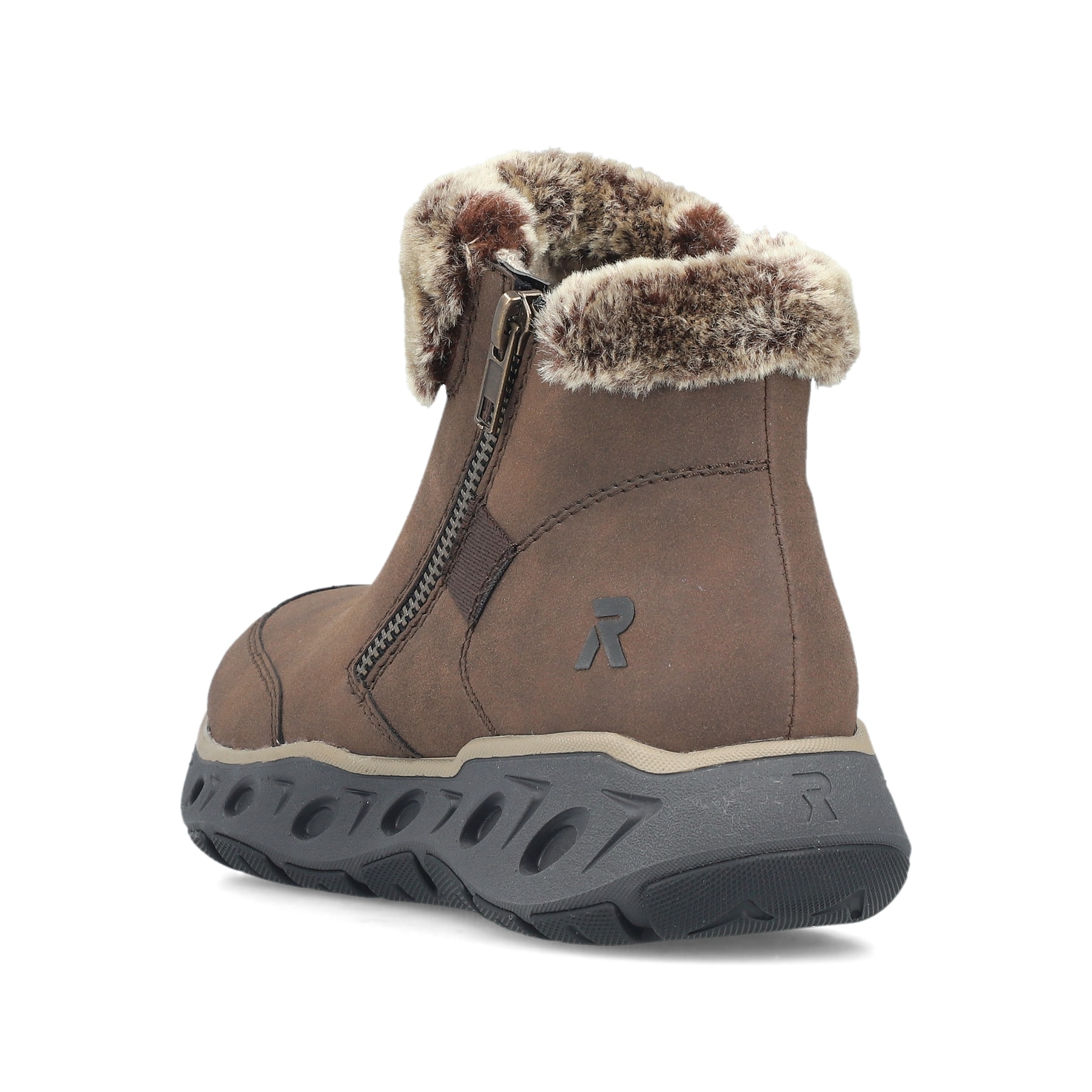 Braune Rieker Damen Kurzstiefel M6560-25 mit Fellkragen sowie Reißverschluss. Schuh von hinten.