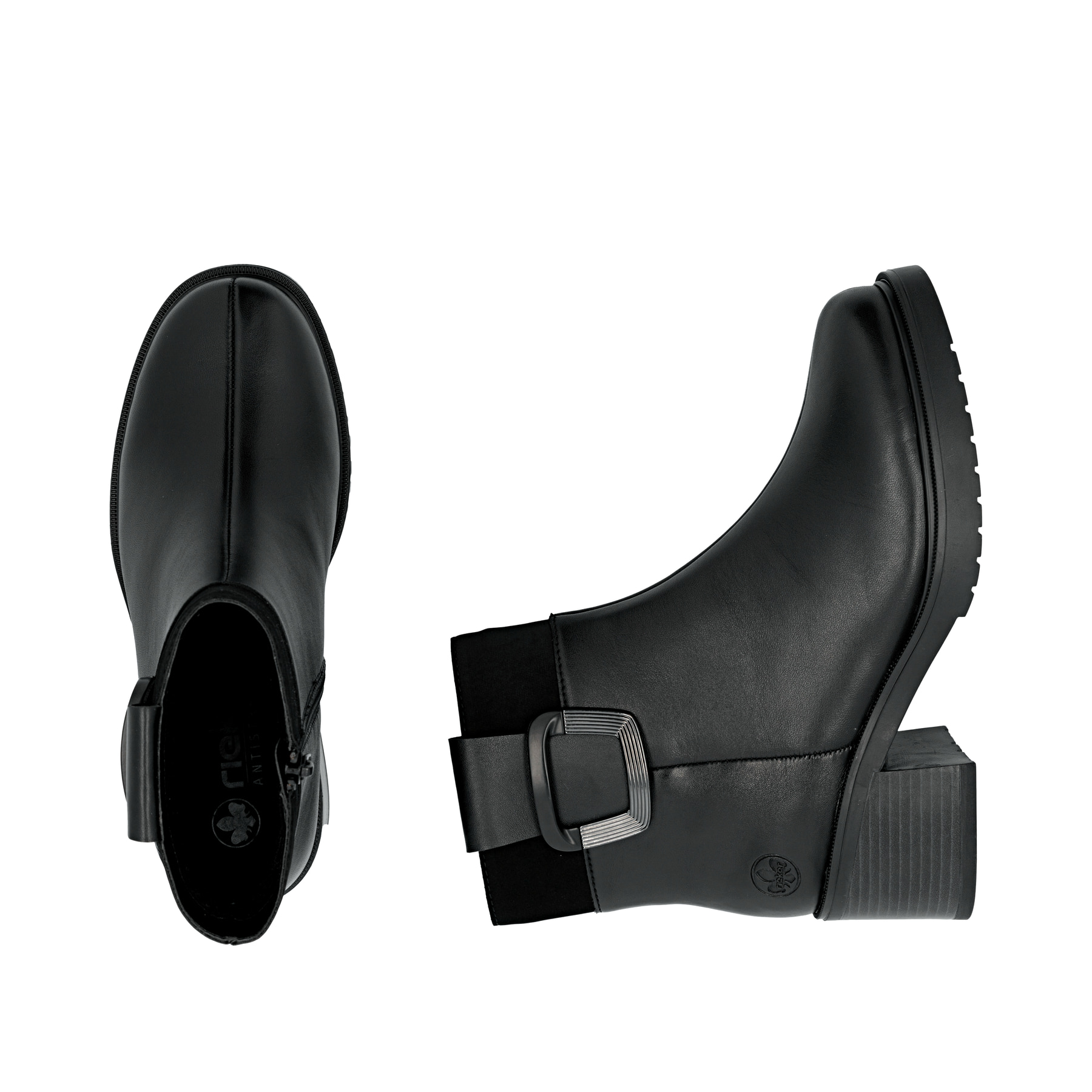 Schwarze Rieker Damen Stiefeletten Y5253-00 aus Glattleder. Schuh von oben, liegend.