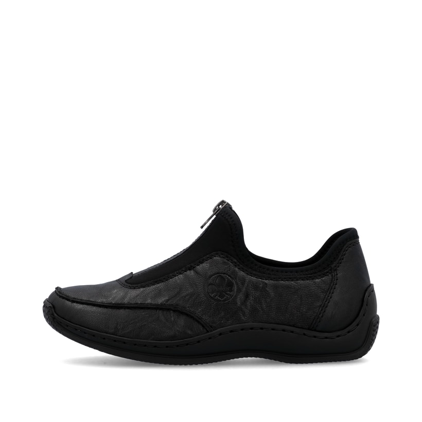 Schwarze Rieker Damen Slipper L1753-00 mit moderner Spannnaht. Schuh Außenseite.