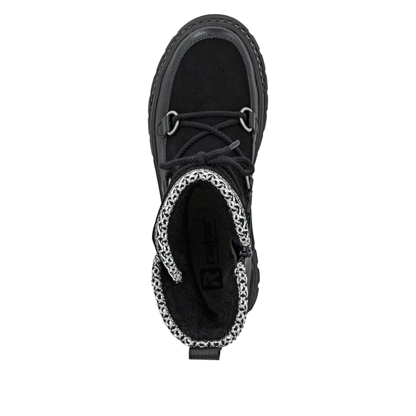 Schwarze Rieker Damen Kurzstiefel W2175-00 aus Rauleder mit weißer Zickzack-Naht. Schuh von oben.
