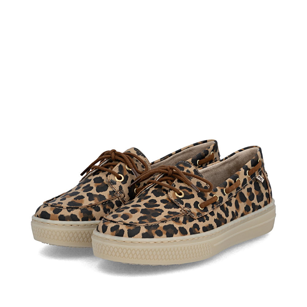 Mehrfarbige Rieker Damen Schnürschuhe L5905-91 mit angesagtem Animal-Print. Schuhpaar seitlich schräg.