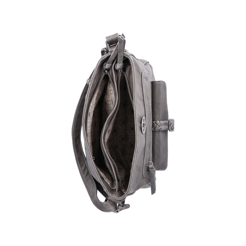 Rieker Handtasche H1340-42 in Grau mit geflochtenem Deko-Riemen, Reißverschluss und Handyfach. Geöffnet.