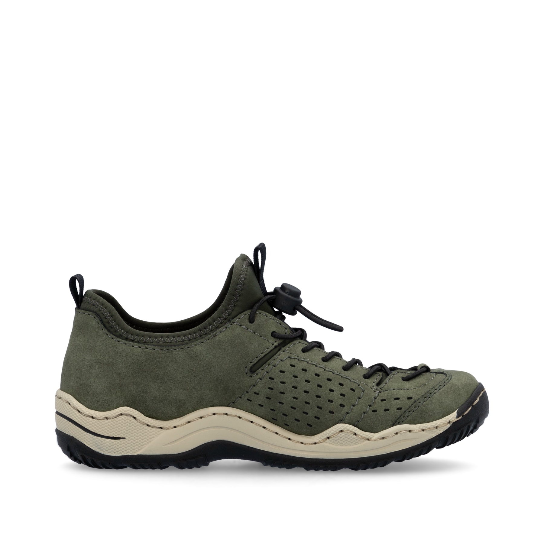 Grüne Rieker Damen Slipper L0574-54 mit einem Gummizug. Schuh Innenseite.