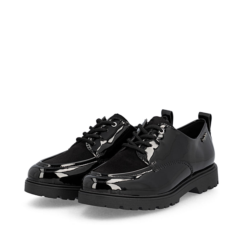 Schwarze Rieker Damen Schnürschuhe 45500-00 mit einer extra weichen Decksohle. Schuhpaar seitlich schräg.