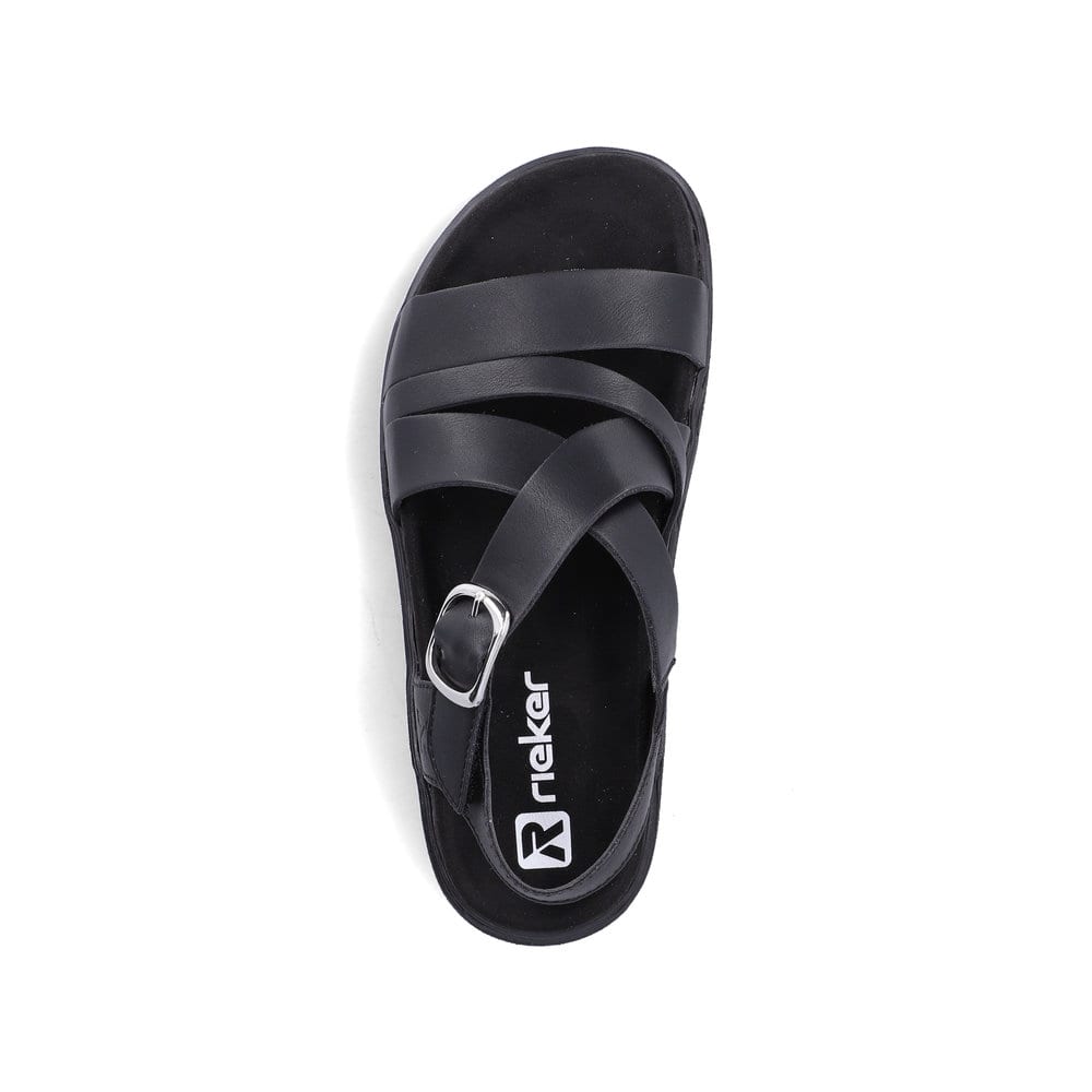 Schwarze Rieker Damen Riemchensandalen V5663-00 mit trendiger Schnalle. Schuh von oben.