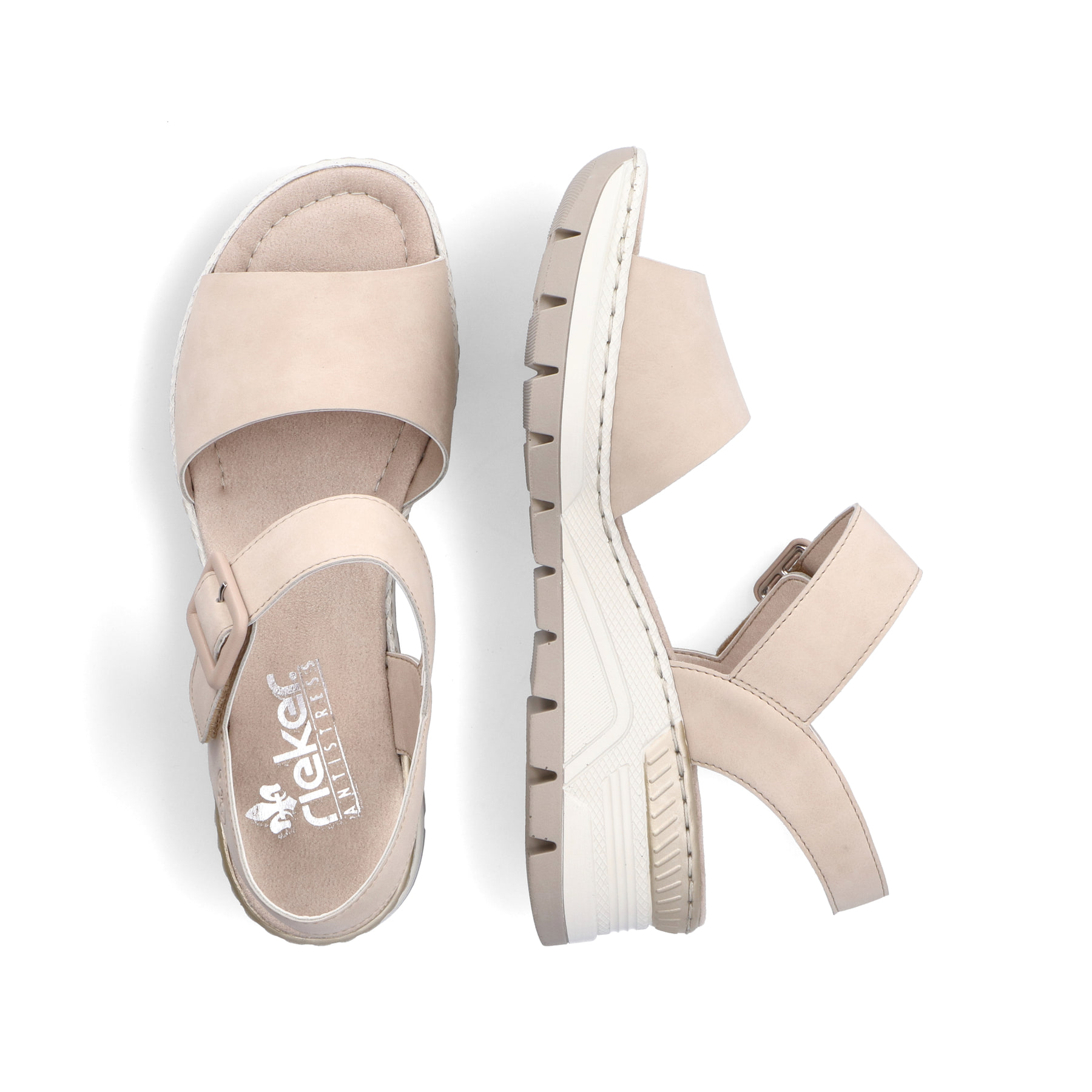 Champagnerfarbene Rieker Keilsandaletten 66466-60 mit einem Klettverschluss. Schuh von oben, liegend.
