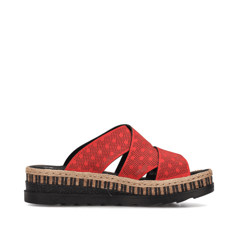 Rote Rieker Damen Pantoletten V7970-33 mit der schmalen Passform E 1/2. Schuh Innenseite.