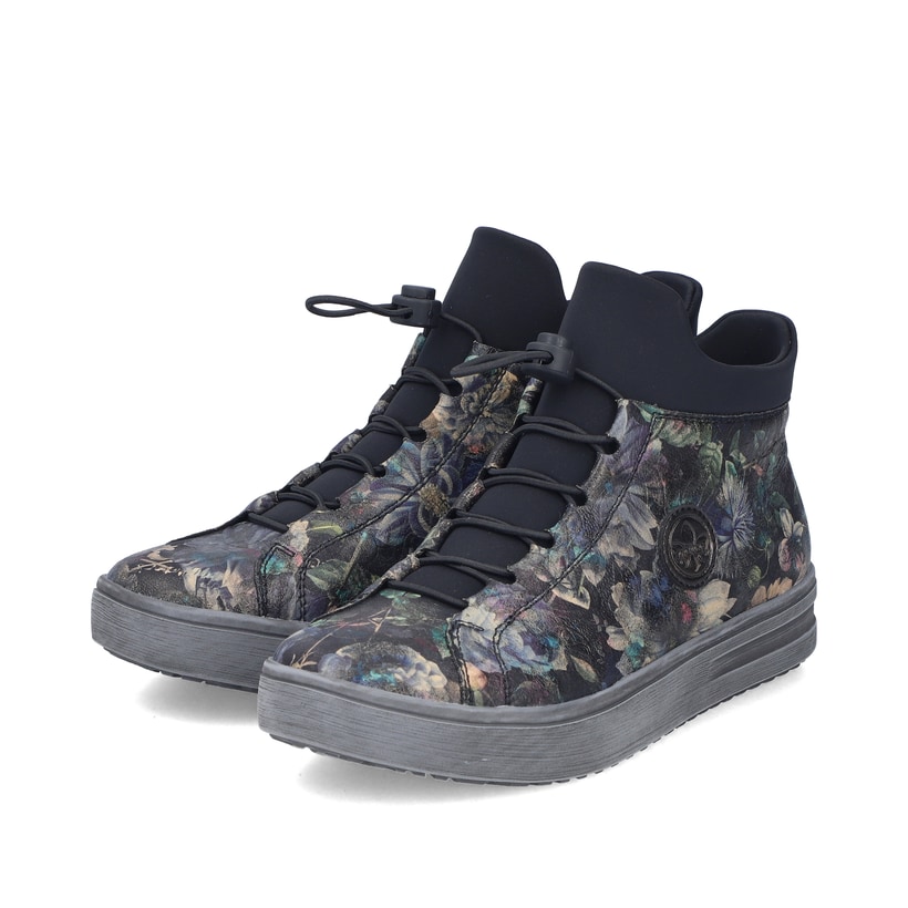 Graue Rieker Damen Kurzstiefel L2550-90 mit floralem Aufdruck. Schuhpaar seitlich schräg.