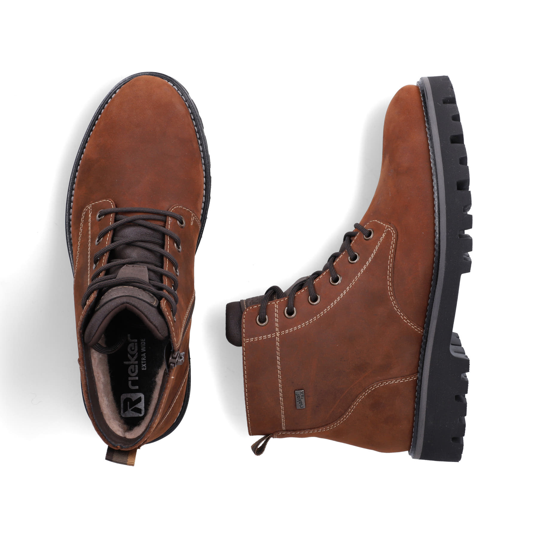 Braune Rieker Herren Schnürstiefel 30424-22 aus Rauleder. Schuh von oben, liegend.