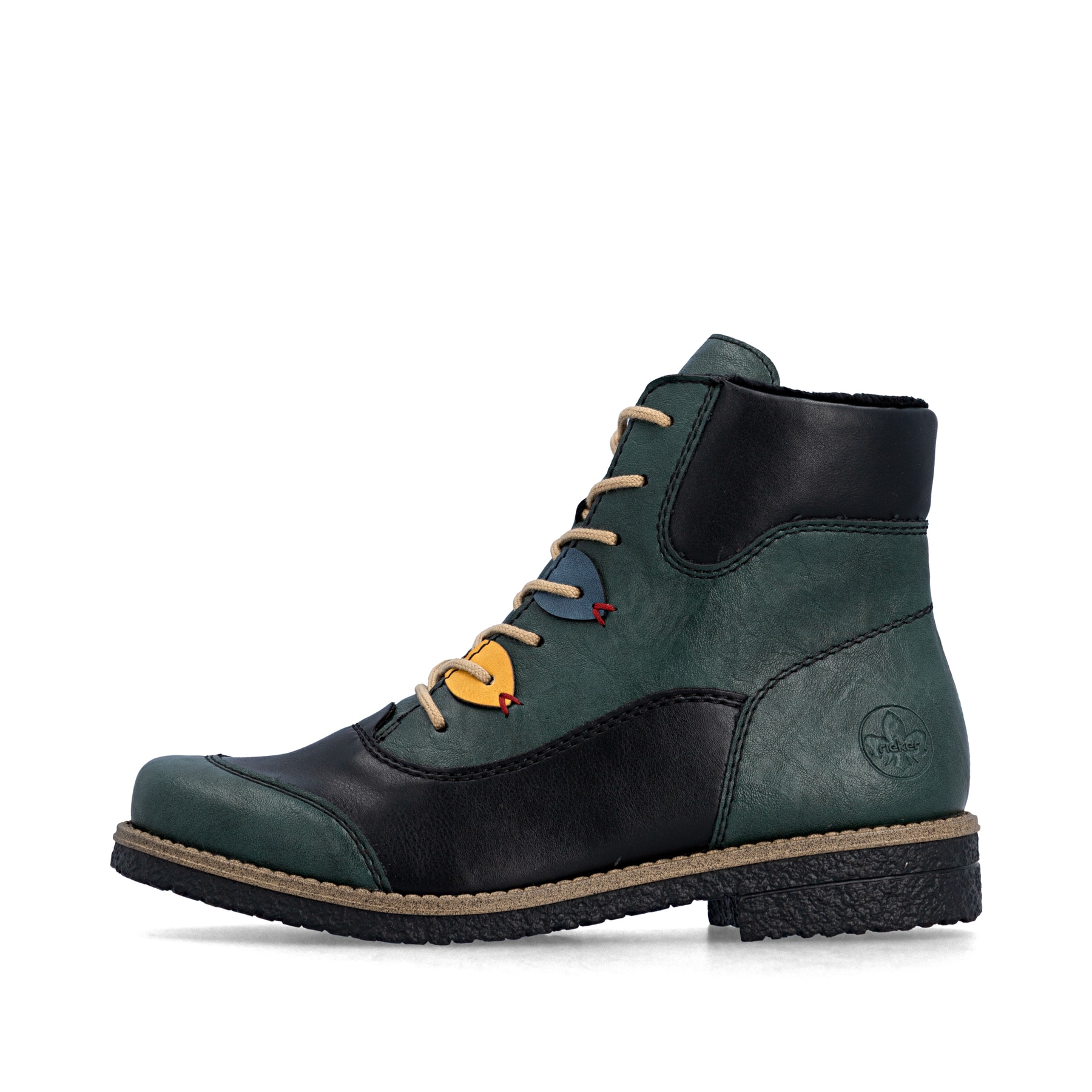 Blau-schwarze Rieker Damen Schnürstiefel 73510-90 mit farbenfrohen Details. Schuh Außenseite.