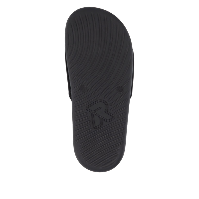 Schwarze Rieker Damen Pantoletten W3250-00 mit flexibler und ultraleichter Sohle. Schuh Laufsohle.