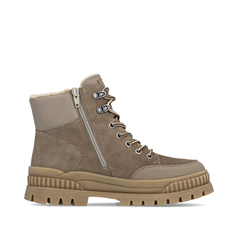 Bottes à lacets Rieker beiges pour femme W2176-64 avec semelle Fiber-Grip. Intérieur de la chaussure.