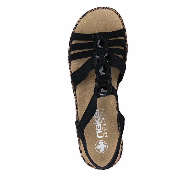 Schwarze Rieker Keilsandaletten V3902-00 mit einem Gummizug. Schuh von oben.