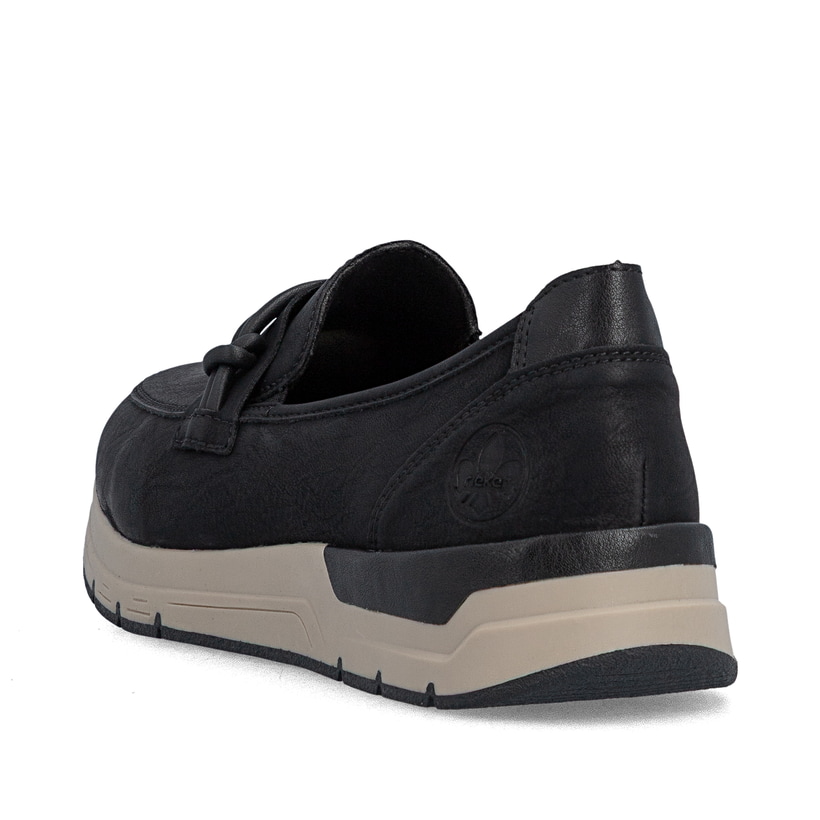 Schwarze Rieker Damen Loafer 58965-00 mit einem Gummizug. Schuh von hinten.
