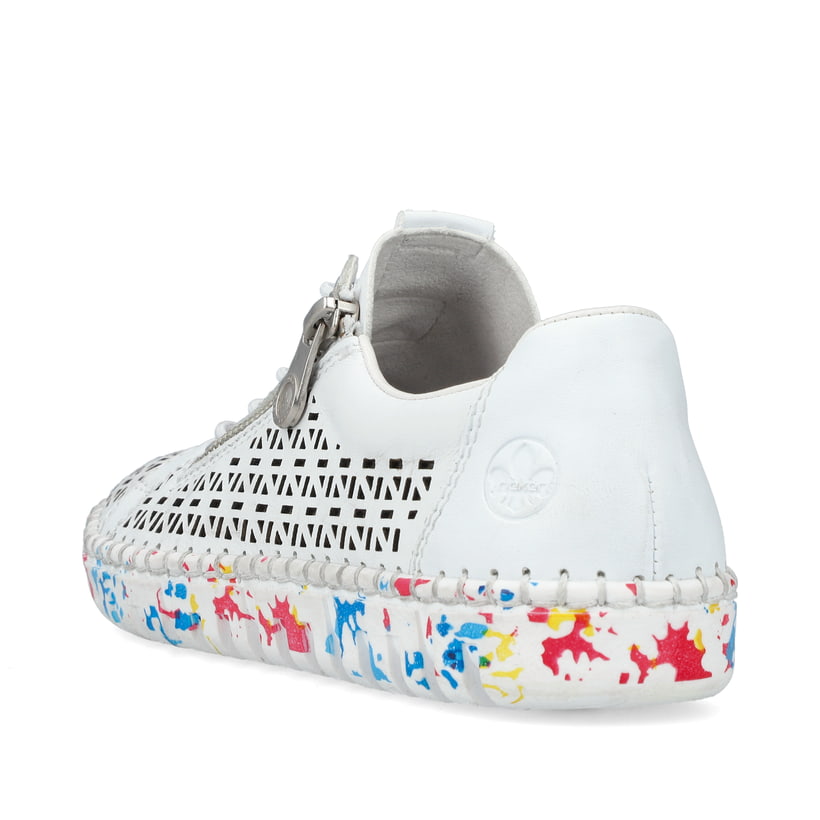 Weiße Rieker Damen Slipper M2357-80, Barfußschuhe mit einem Reißverschluss. Schuh von hinten.