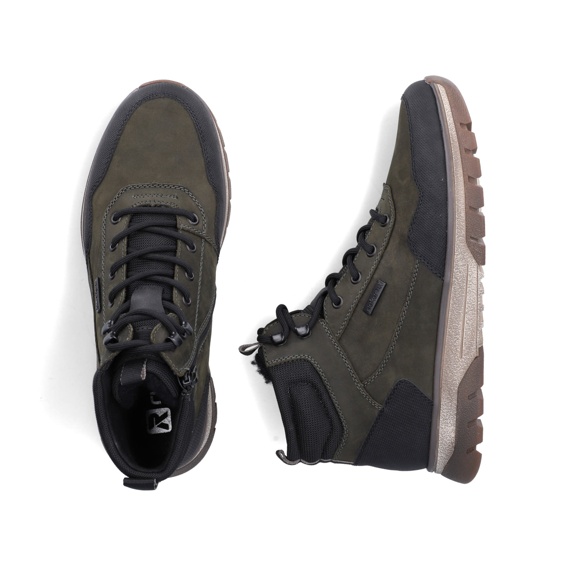 Dunkelgrün-schwarze Rieker Herren Schnürstiefel B9310-54 aus Rauleder. Schuh von oben, liegend.
