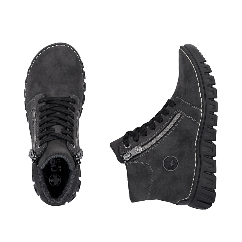 Dunkelgraue Rieker Damen Schnürstiefel 57502-45 mit einem Reißverschluss. Schuh von oben, liegend.