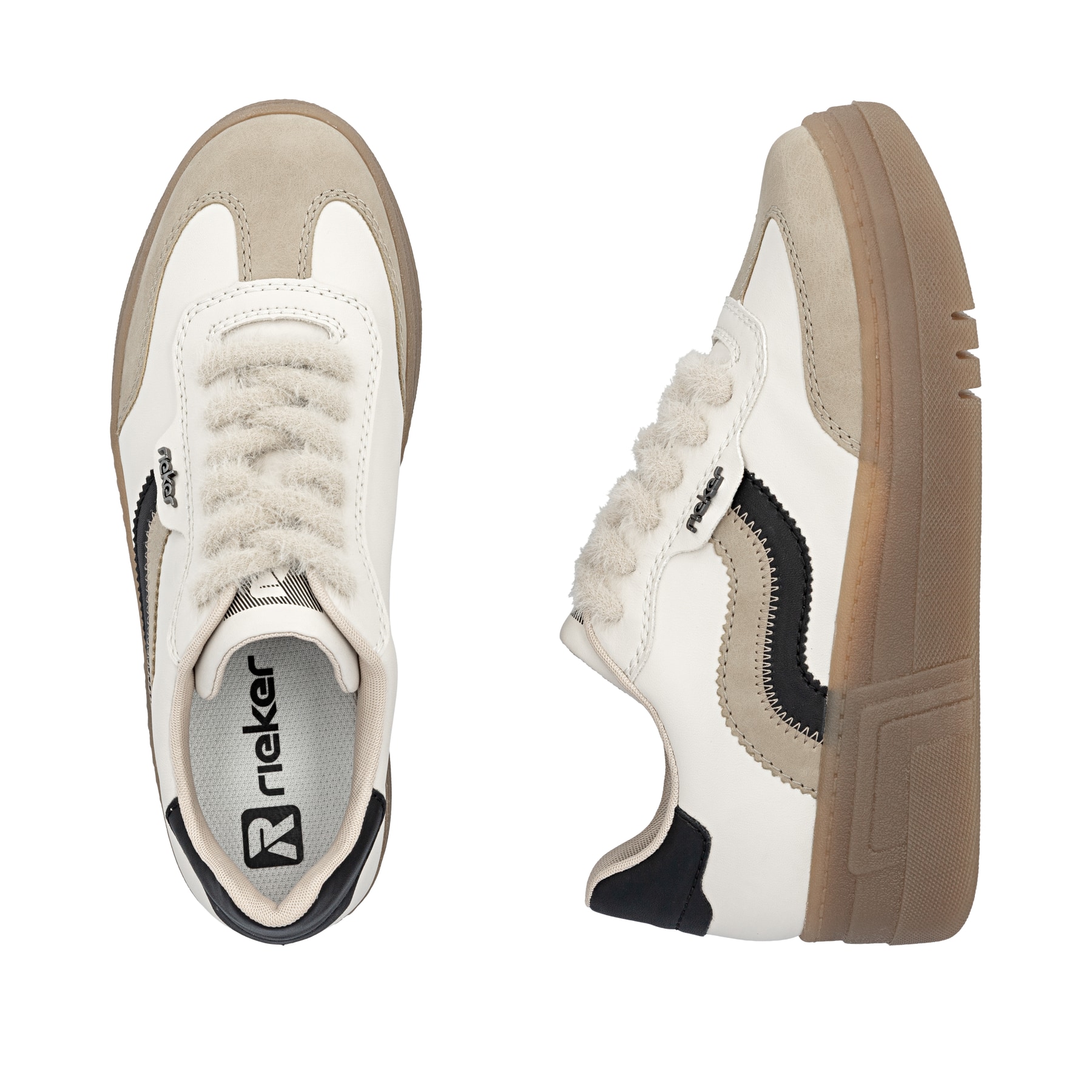 Cremefarbene Rieker Damen Sneaker Low M7610-60 mit einer Schnürung. Schuh von oben, liegend.