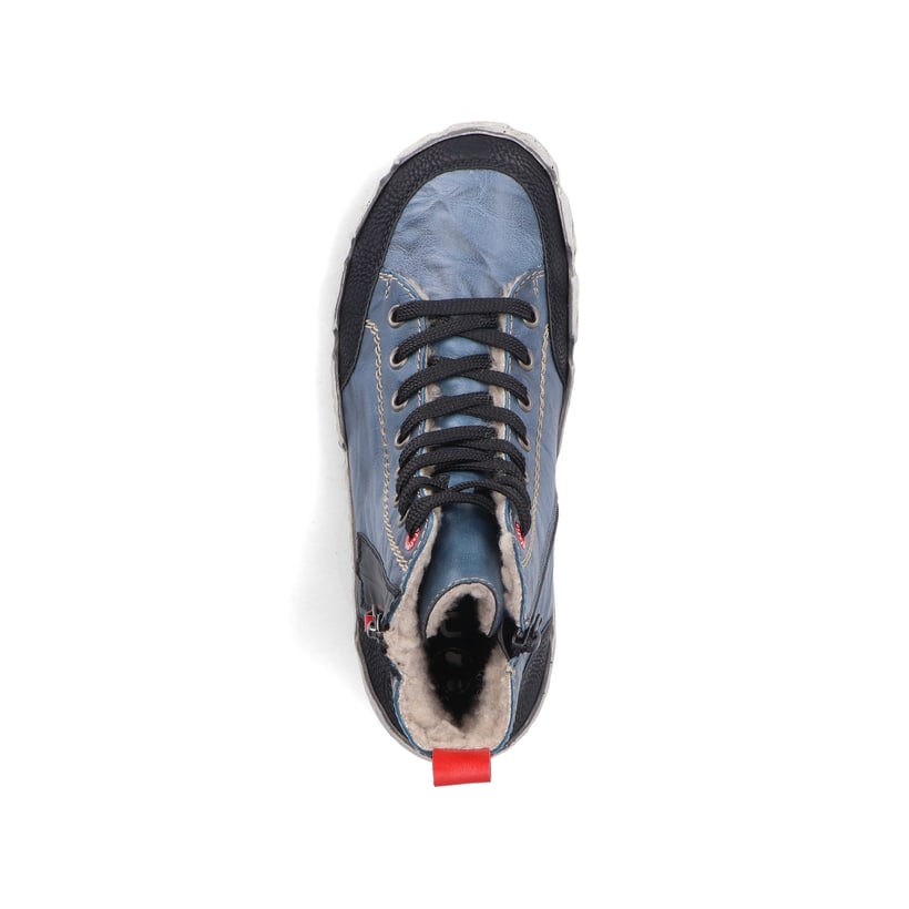 Blaue Rieker Damen Kurzstiefel L0370-14 mit einem Reißverschluss. Schuh von oben.