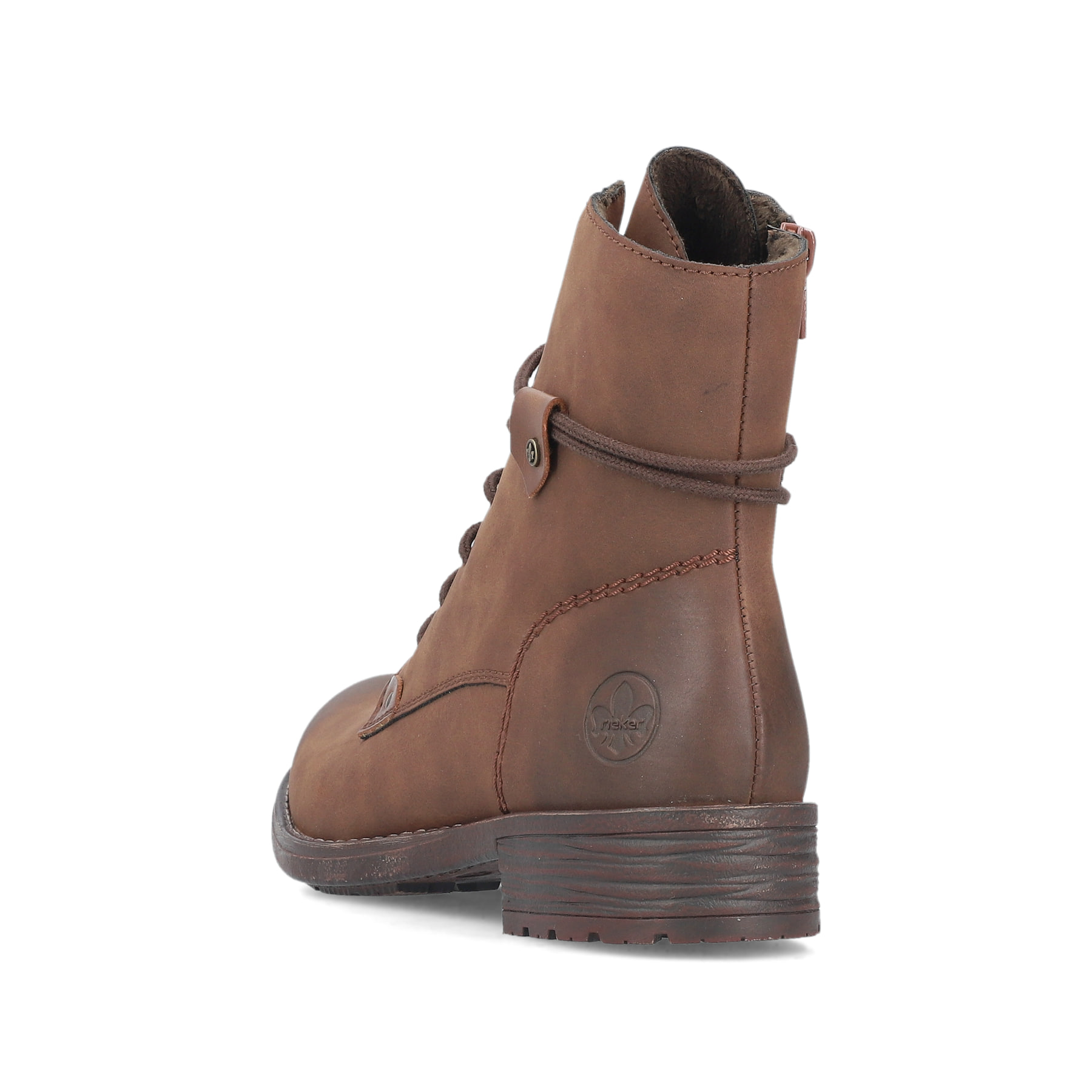 Dunkelbraune Rieker Damen Schnürstiefel 79442-24 mit einem Reißverschluss. Schuh von hinten.