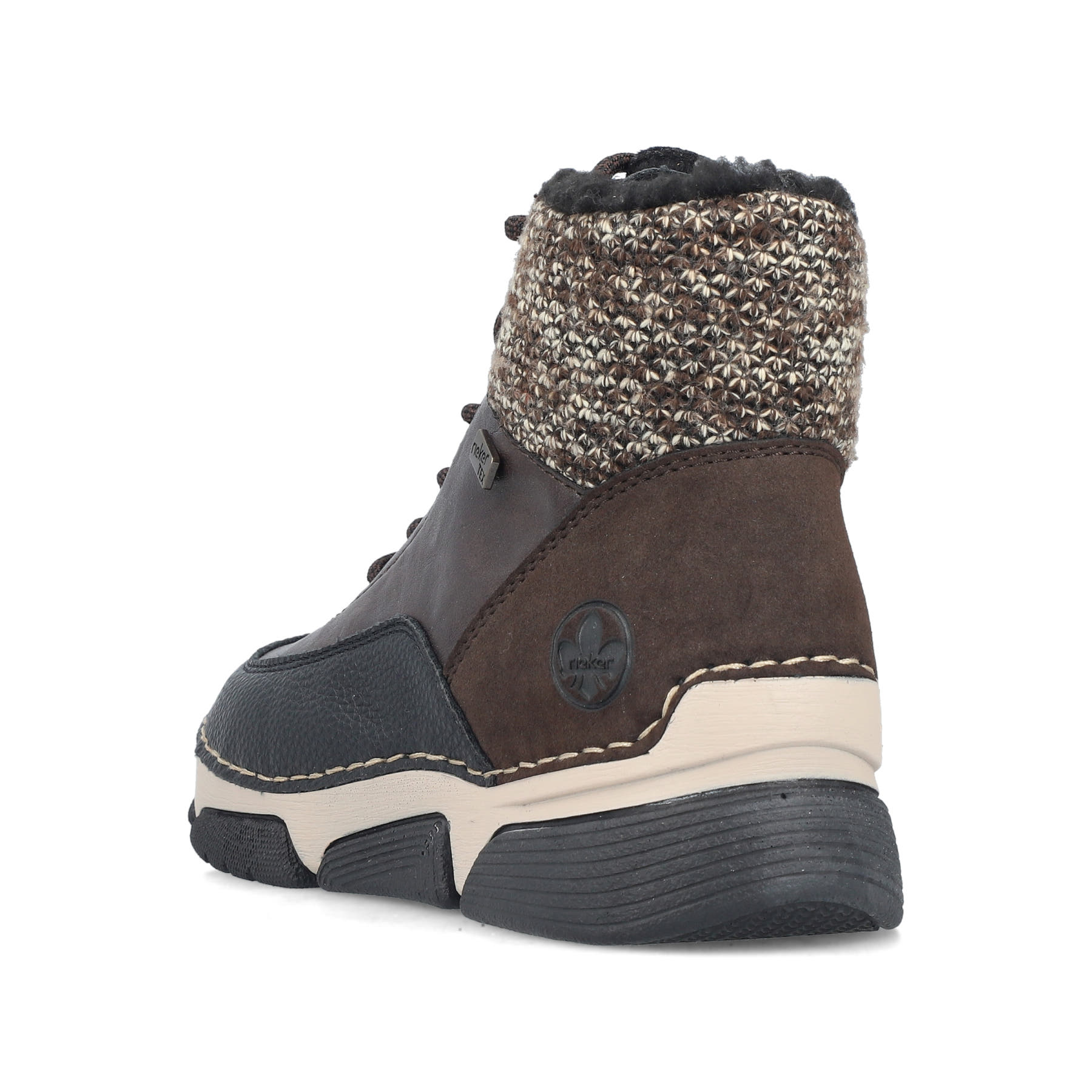 Dunkelbraun-beige Rieker Damen Schnürstiefel 45956-25 mit Strick-Kragen. Schuh von hinten.