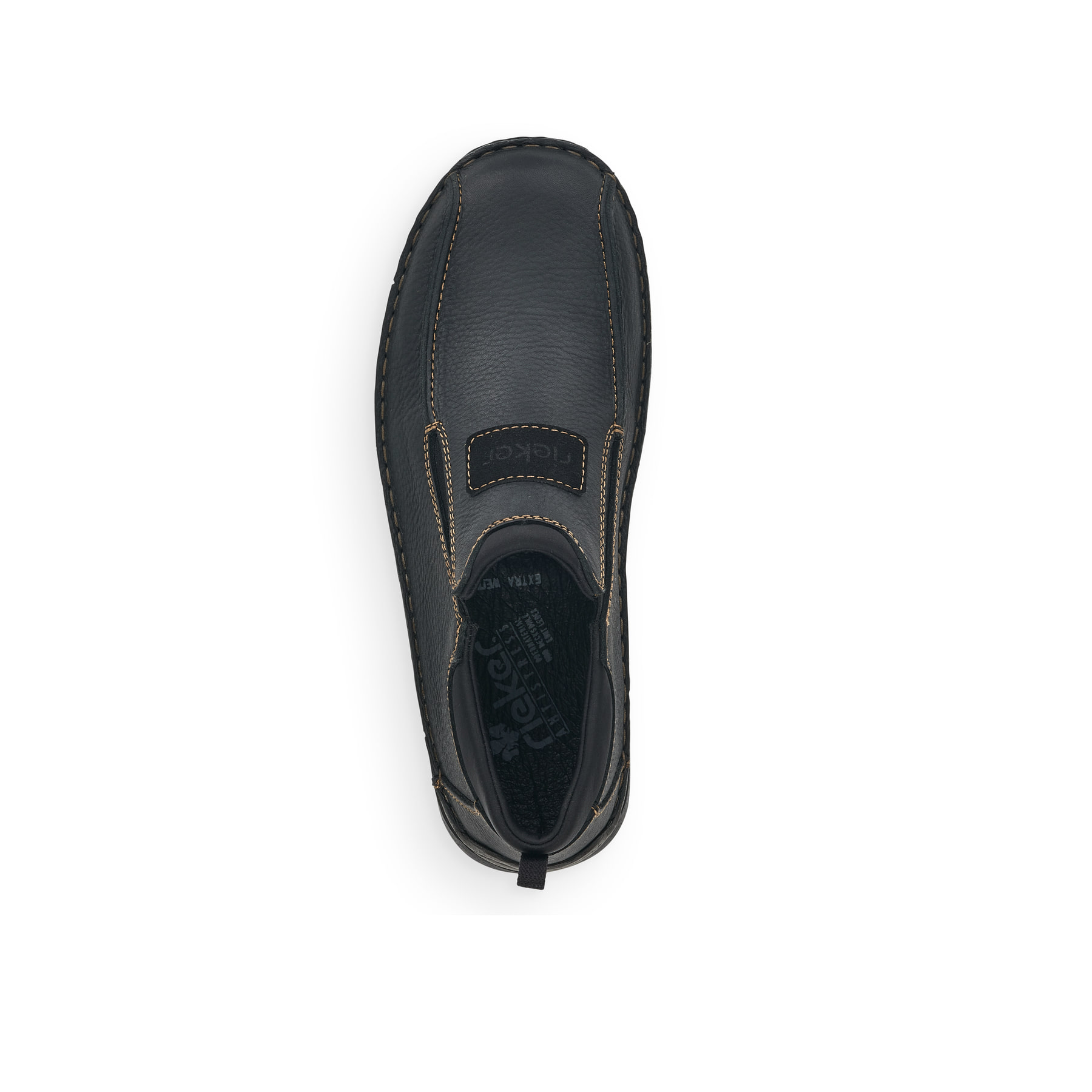Tiefschwarze Rieker Herren Slipper 05363-00 mit einer schockabsorbierenden Sohle. Schuh von oben