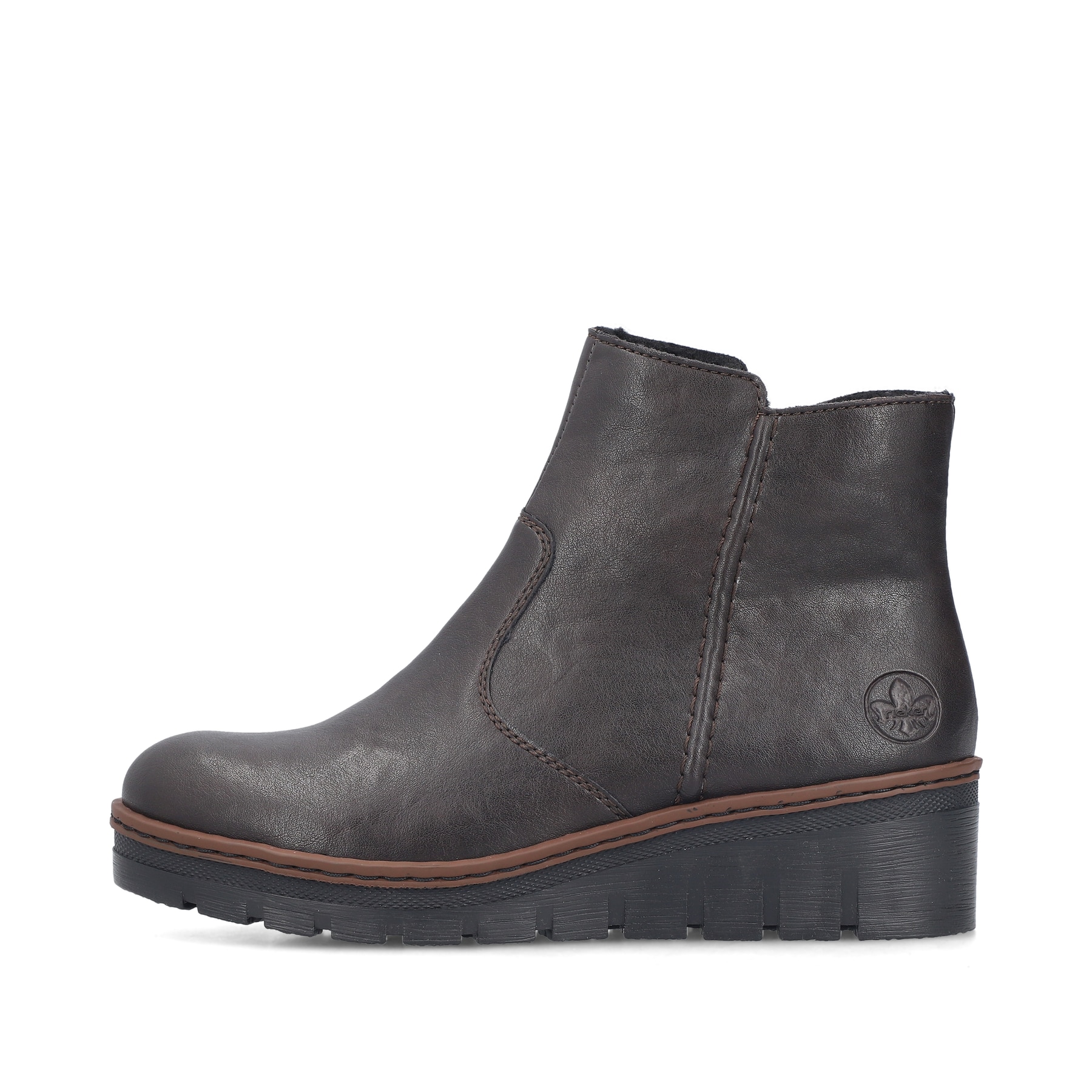 Dunkelbraune Rieker Damen Kurzstiefel X9165-25 mit einem Reißverschluss. Schuh Außenseite.
