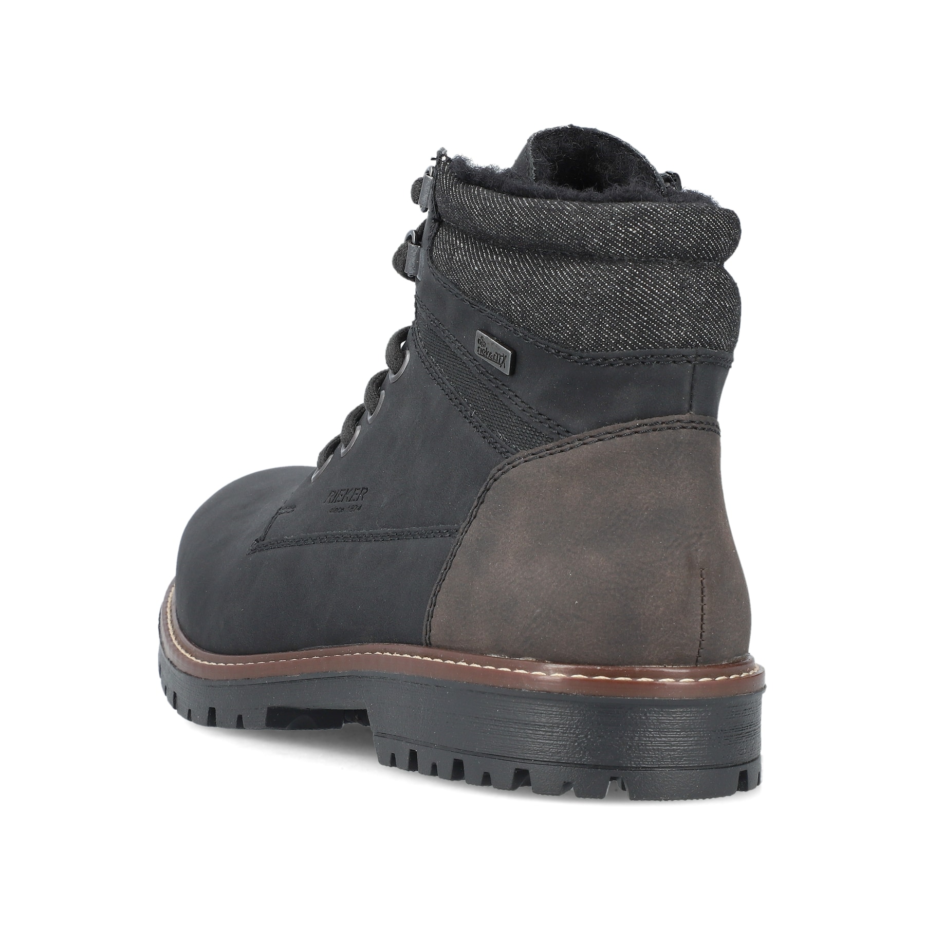 Asphaltschwarze Rieker Herren Schnürstiefel F3611-00 mit Schnürung und Reißverschluss. Schuh von hinten