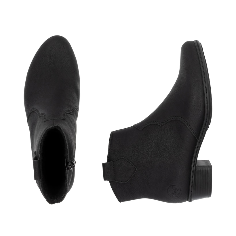 Schwarze Rieker Damen Stiefeletten Y0762-00 mit einem Reißverschluss. Schuh von oben, liegend.