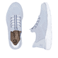 Blaue vegane Rieker Damen Slipper M5066-30 mit einem Gummizug. Schuh von oben, liegend.