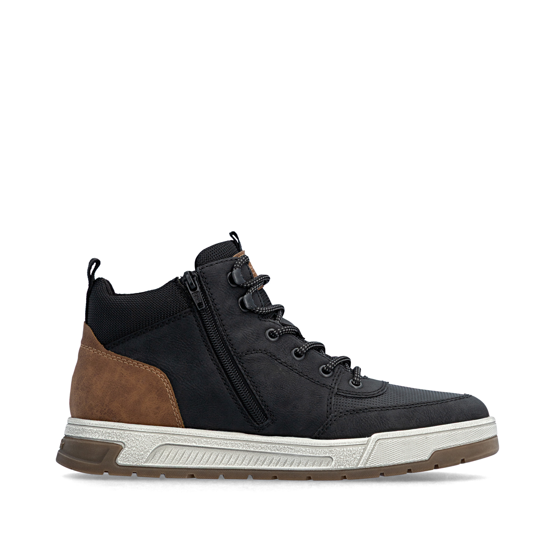 Schwarz-braune Rieker Herren Sneaker High 36020-00 mit einem Reißverschluss. Schuh Innenseite.