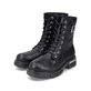 
Nachtschwarze Rieker Damen Biker Boots Z9133-00 mit Schnürung und Reißverschluss. Schuhpaar schräg.