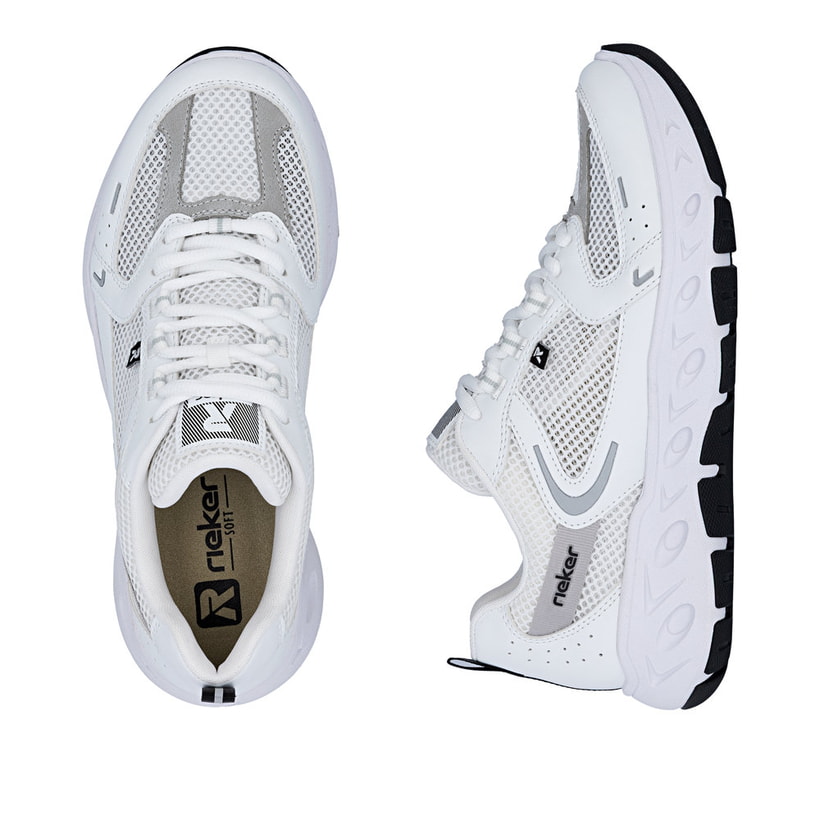 Weiße Rieker Damen Sneaker Low M6501-80 mit einer Schnürung sowie Komfortweite G. Schuh von oben, liegend.