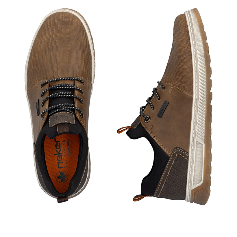 Mocassins Rieker marron hommes 37050-23 avec membrane RiekerTEX hydrofuge. Chaussure vue de dessus, couchée.
