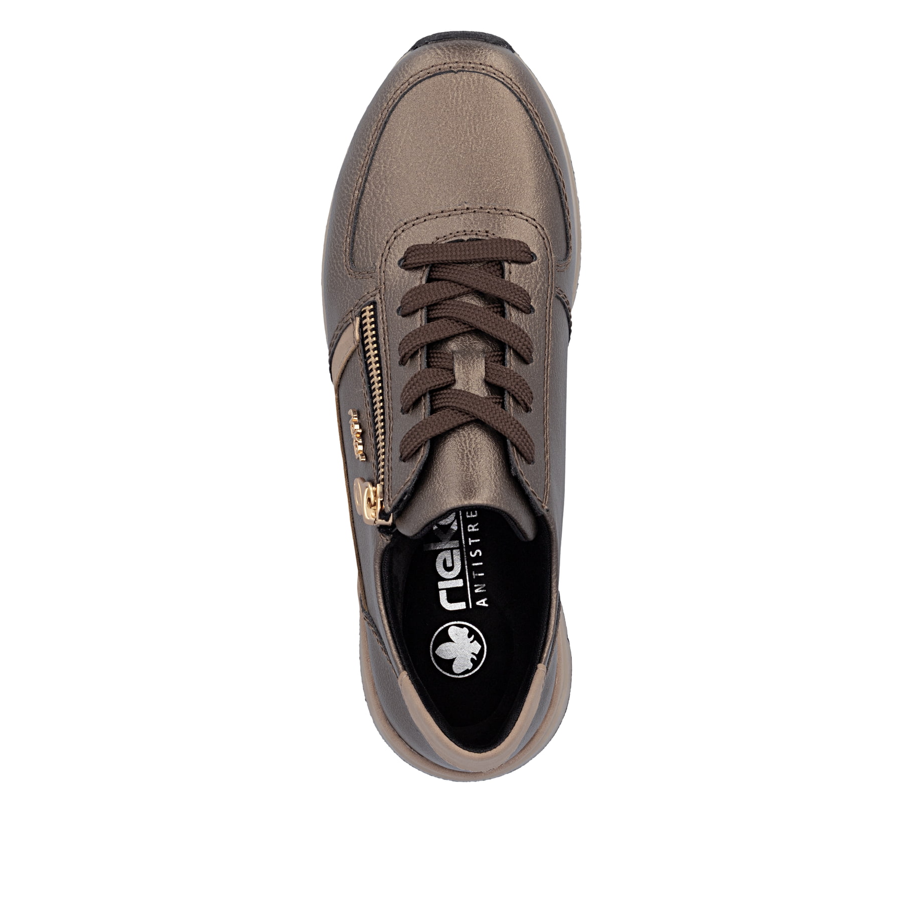 Bronze-beige Rieker Damen Sneaker Low 58902-90 mit einem Reißverschluss. Schuh von oben.
