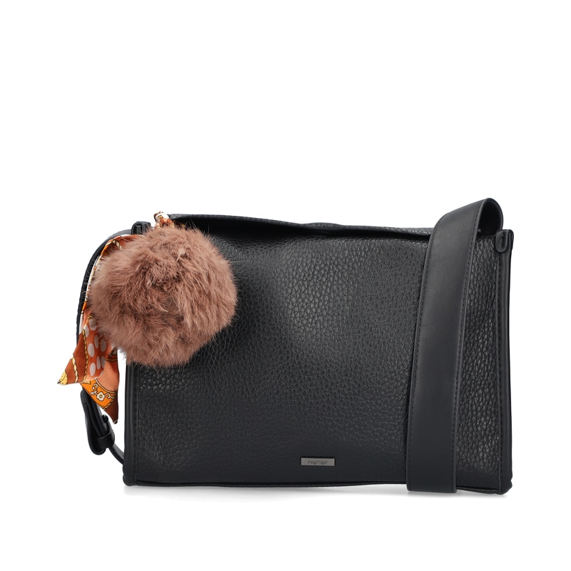Rieker Handtasche H1656-00 in Schwarz mit Puschel an der Seite, Reißverschluss und Handyfach. Vorderseite.