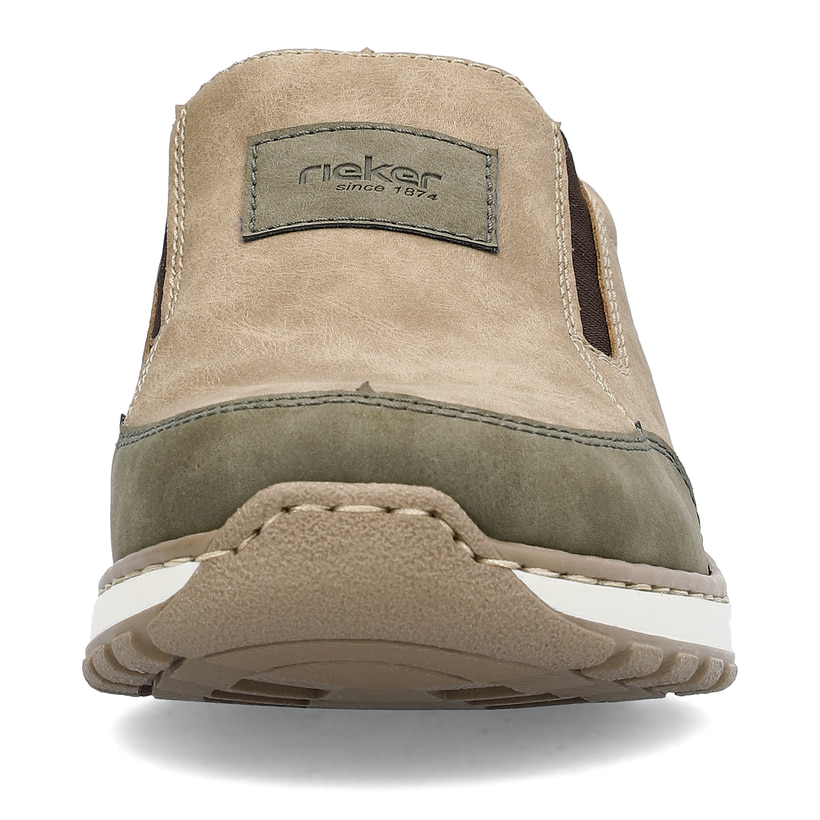 Beige Rieker Herren Slipper 03354-64 mit Elastikeinsatz sowie Extraweite H. Schuh von vorne.