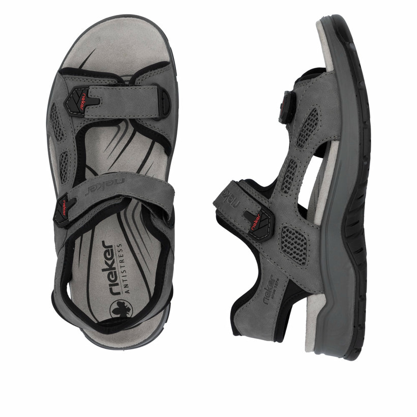 Graue Rieker Herren Trekkingsandalen 26955-42 mit einem Klettverschluss. Schuh von oben, liegend.
