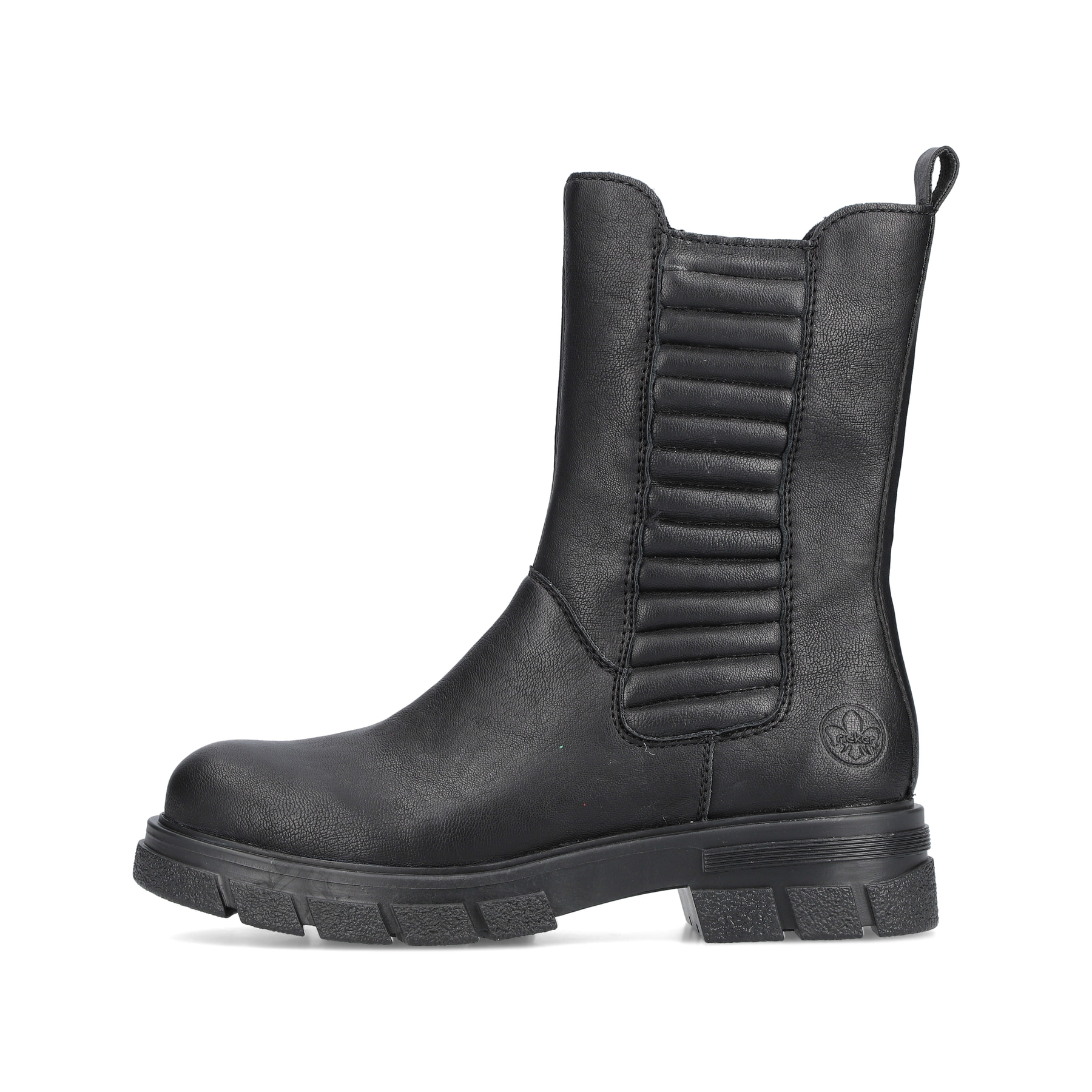 Tiefschwarze Rieker Damen Chelsea Boots Z9181-00 mit einer robusten Profilsohle. Schuh Außenseite