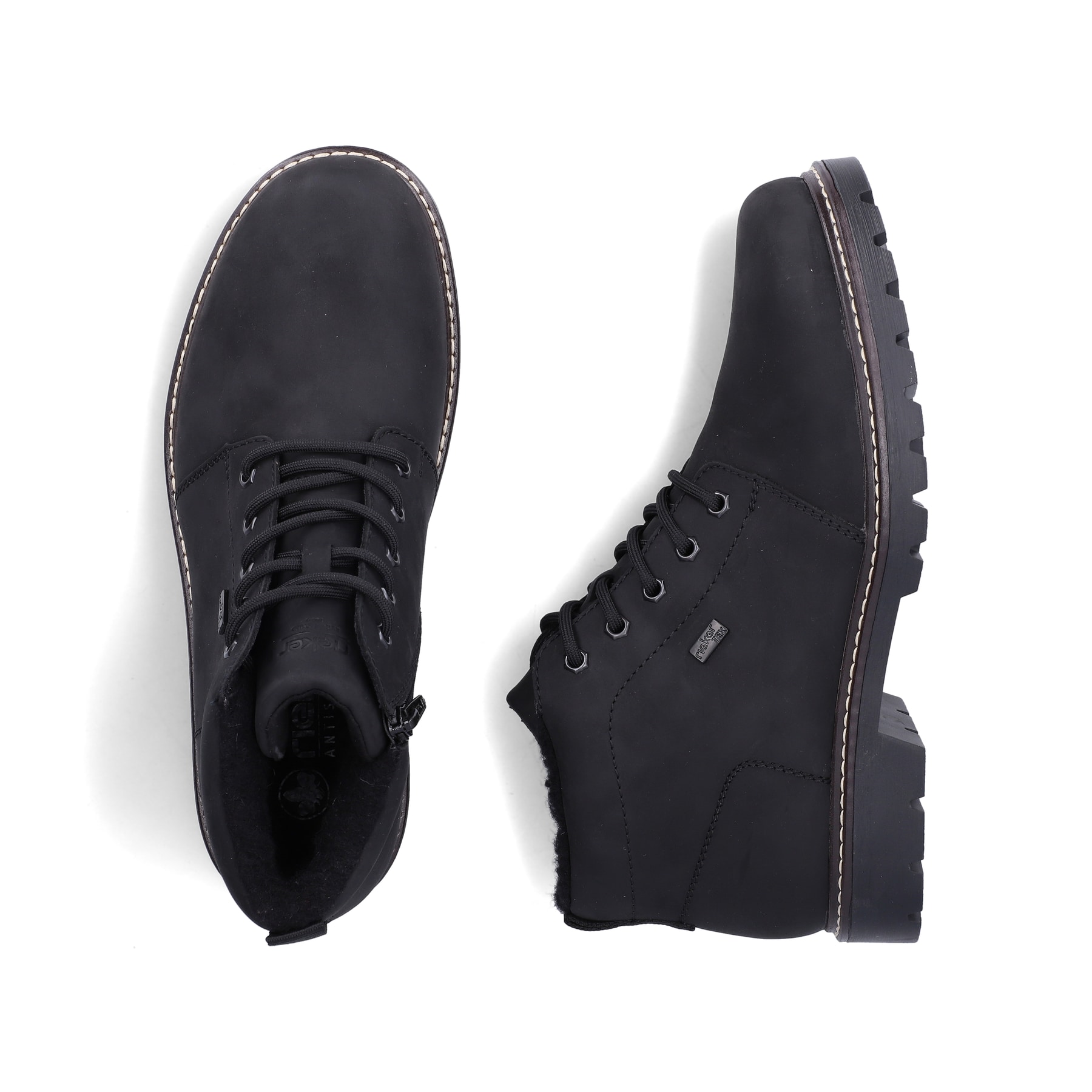 Schwarze Rieker Herren Schnürstiefel 39831-00 aus Rauleder. Schuh von oben, liegend.