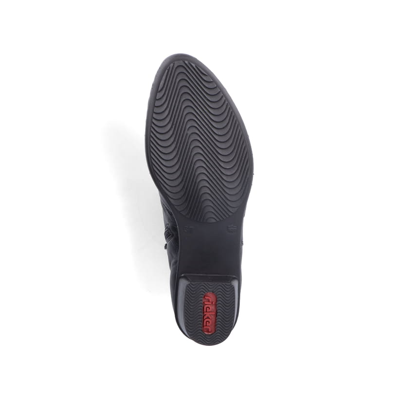 Schwarze Rieker Damen Stiefeletten Y0783-00 mit Deko-Kette sowie Reißverschluss. Schuh Laufsohle.