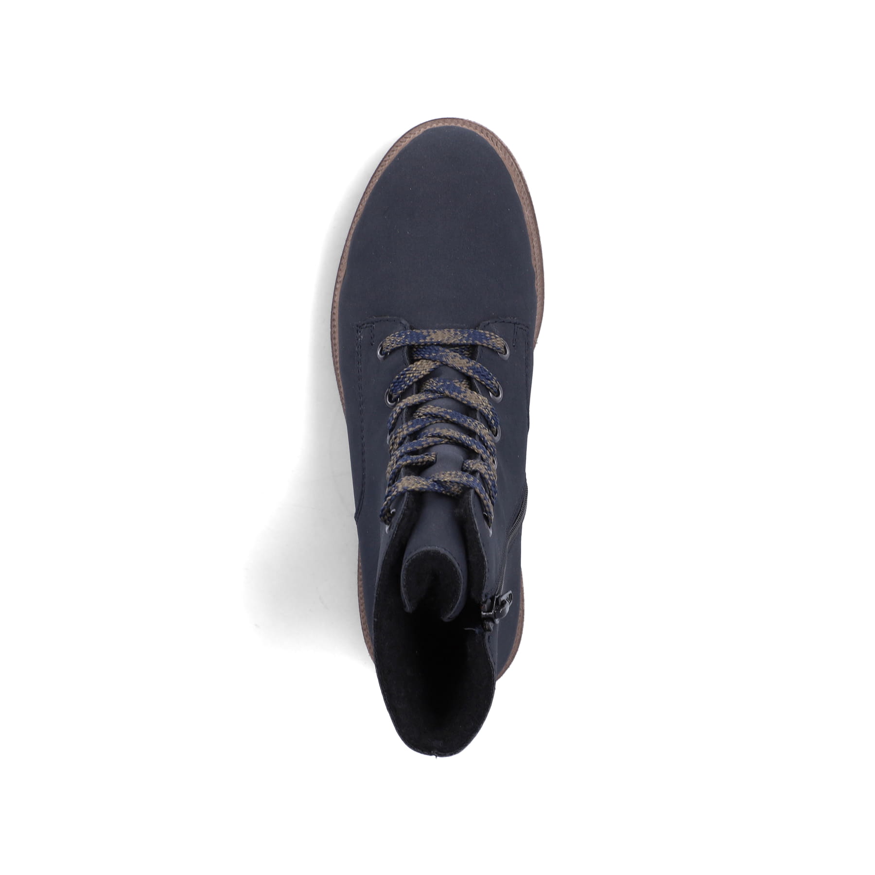 Dunkelblaue Rieker Damen Biker Boots Y7622-14 mit einem Reißverschluss. Schuh von oben.