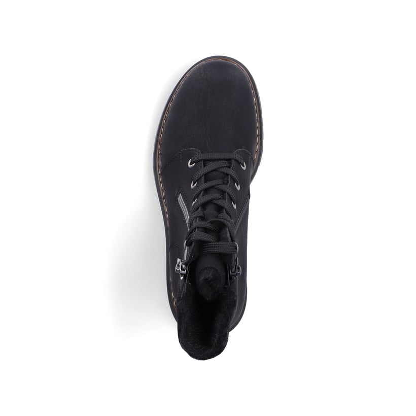 Schwarze Rieker Damen Schnürstiefel 76720-00 mit einem Reißverschluss. Schuh von oben.