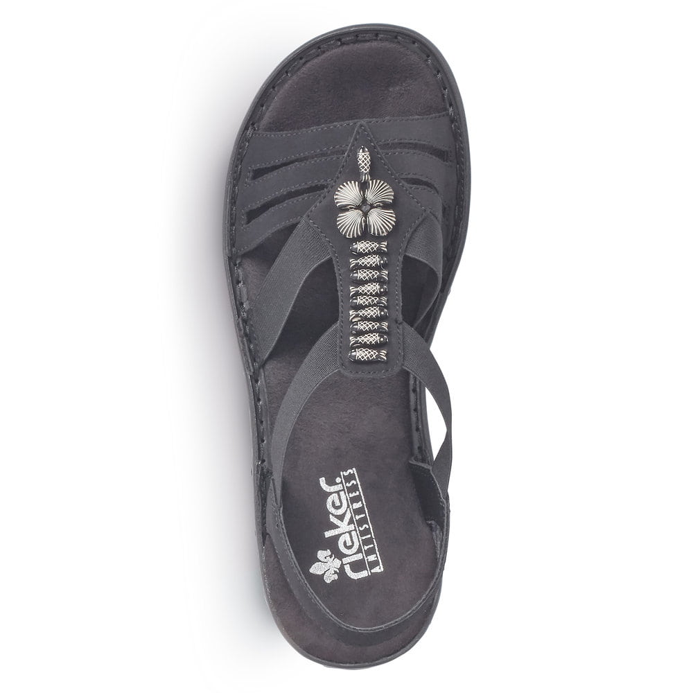 Sandales à lanières Rieker noires femme 60806-00 avec éléments décoratifs. Chaussure vue de dessus.