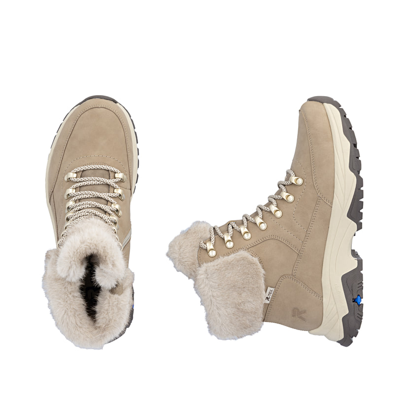 Beige Rieker Damen Schnürstiefel Z3971-20 aus Rauleder mit dem Glacier Grip. Schuh von oben, liegend.