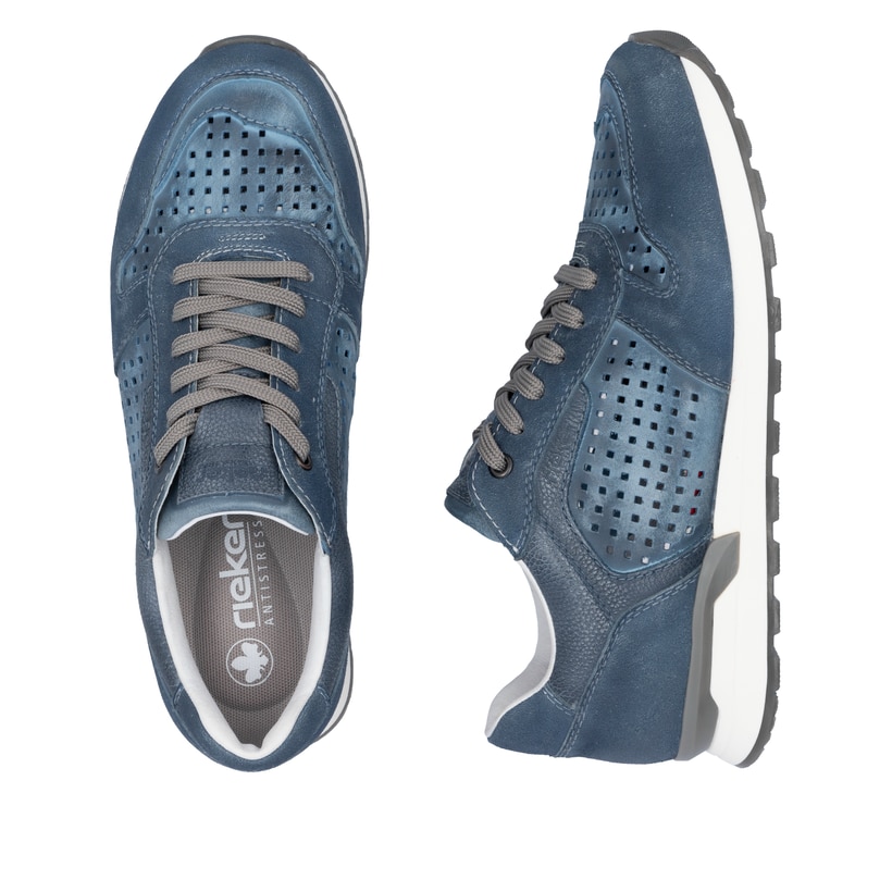 Blaue Rieker Herren Sneaker Low U0312-12 mit Schnürung sowie Komfortweite G 1/2. Schuh von oben, liegend.