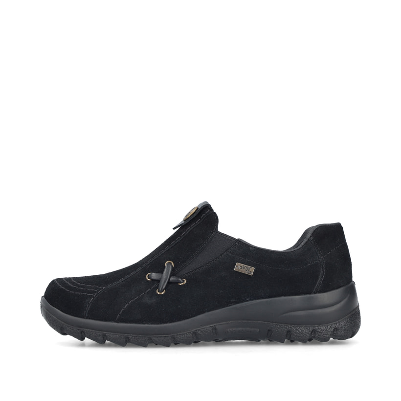 Tiefschwarze Rieker Damen Slipper L7171-00 mit einer schockabsorbierenden Sohle. Schuh Außenseite