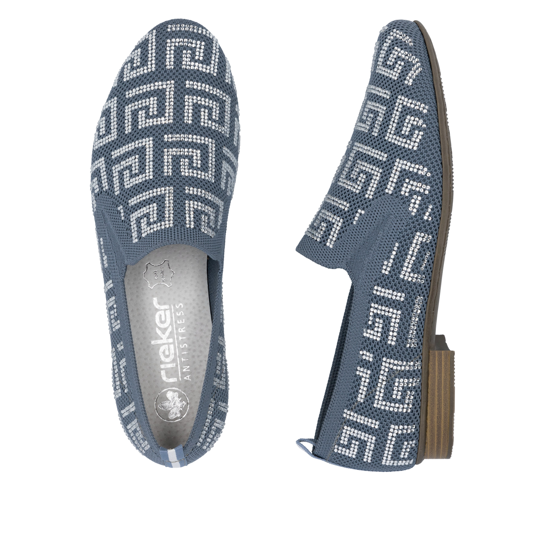 Blaue Rieker Damen Loafer 51953-12 mit Gummizug sowie extra weicher Decksohle. Schuh von oben, liegend.