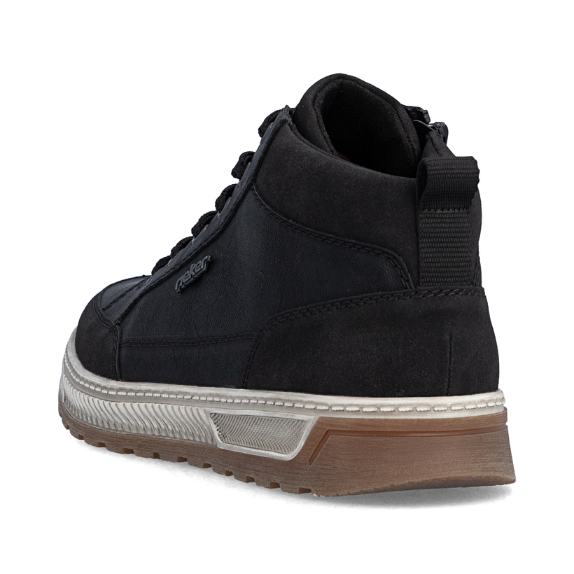 Schwarze Rieker Herren Sneaker High 37006-00 mit einem Reißverschluss. Schuh von hinten.