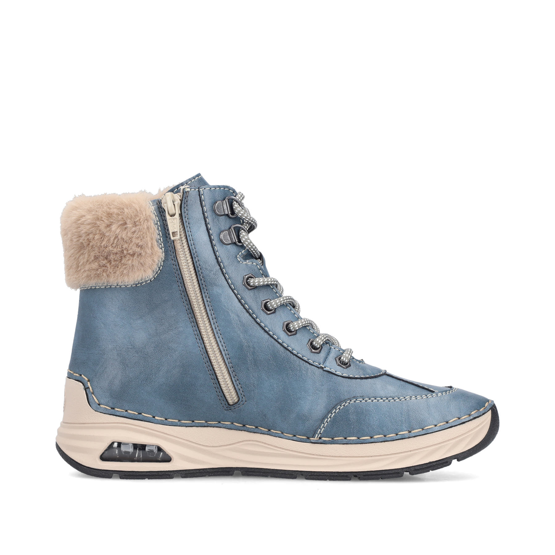 Blaubeige Rieker Damen Schnürstiefel 44530-14 mit Rieker Air Sohlenfenster. Schuh Innenseite.